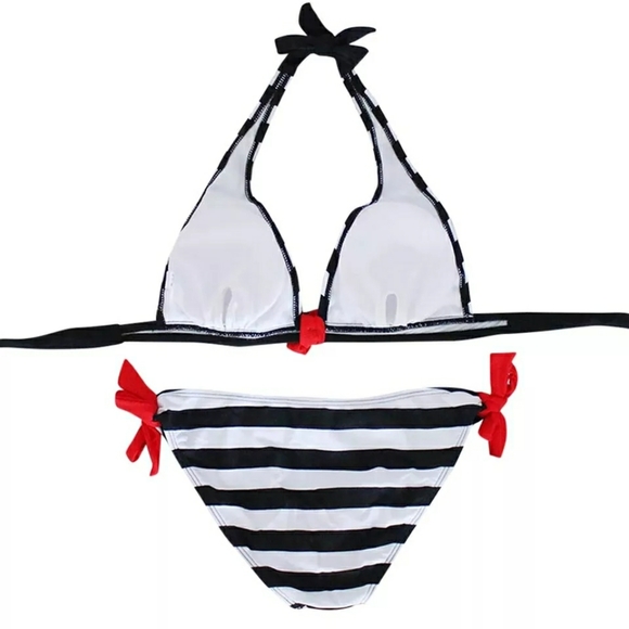 New! Black and White Striped Halter Bikini - Picture 6 of 7
